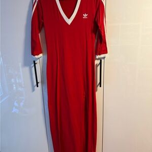 Adidas Adicolor Maxi Dress Red Classic 3 Stripe